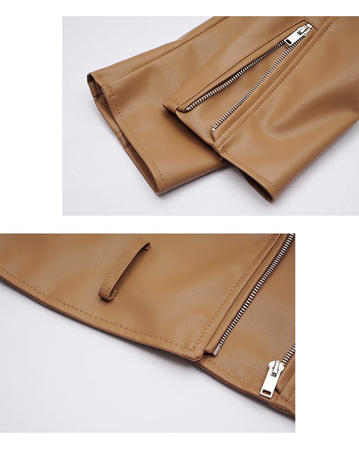 LY VAREY LIN Women Faux Leather Jacket Lapel Collar Motorcycle Zip Up Long Sleeve Motor Biker Short Coat Jacket (2123Brown, L)