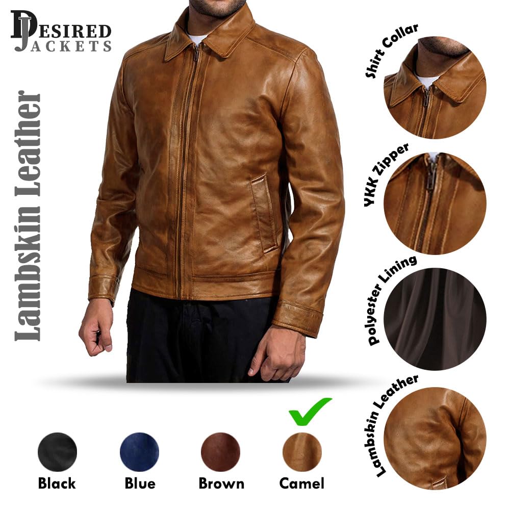 Mens Leather Jacket - Real Lambskin Classic Vintage Style Leather Jackets For Men Brown Leather Jacket for Mens (US, Alpha, 3X-Large, Regular, Regular, Camel)