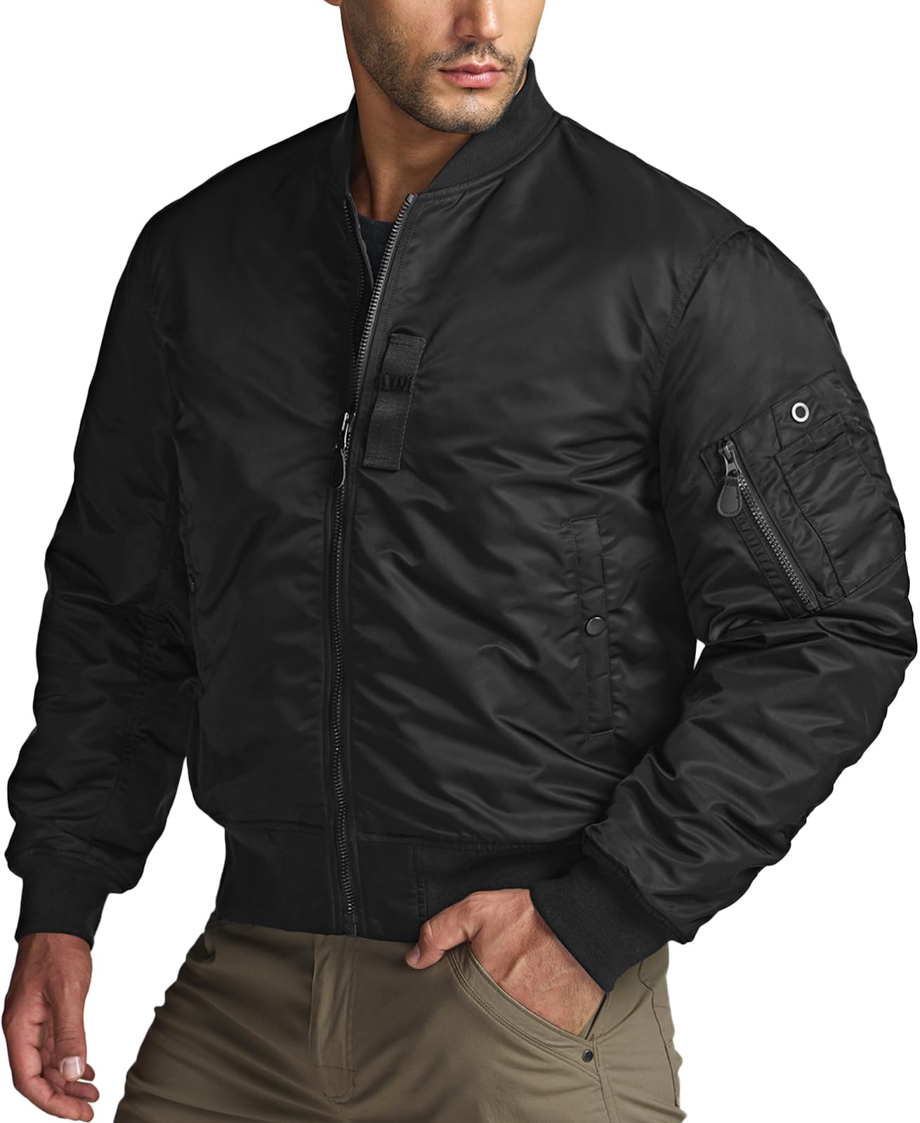 CQR Men's Casual Bomber Jacket, Outdoor Fall/Winter Zip-Up Windbreaker, Water Resistant Padded MA-1 Flight Jacket with Pocket, Watcher Black, Medium