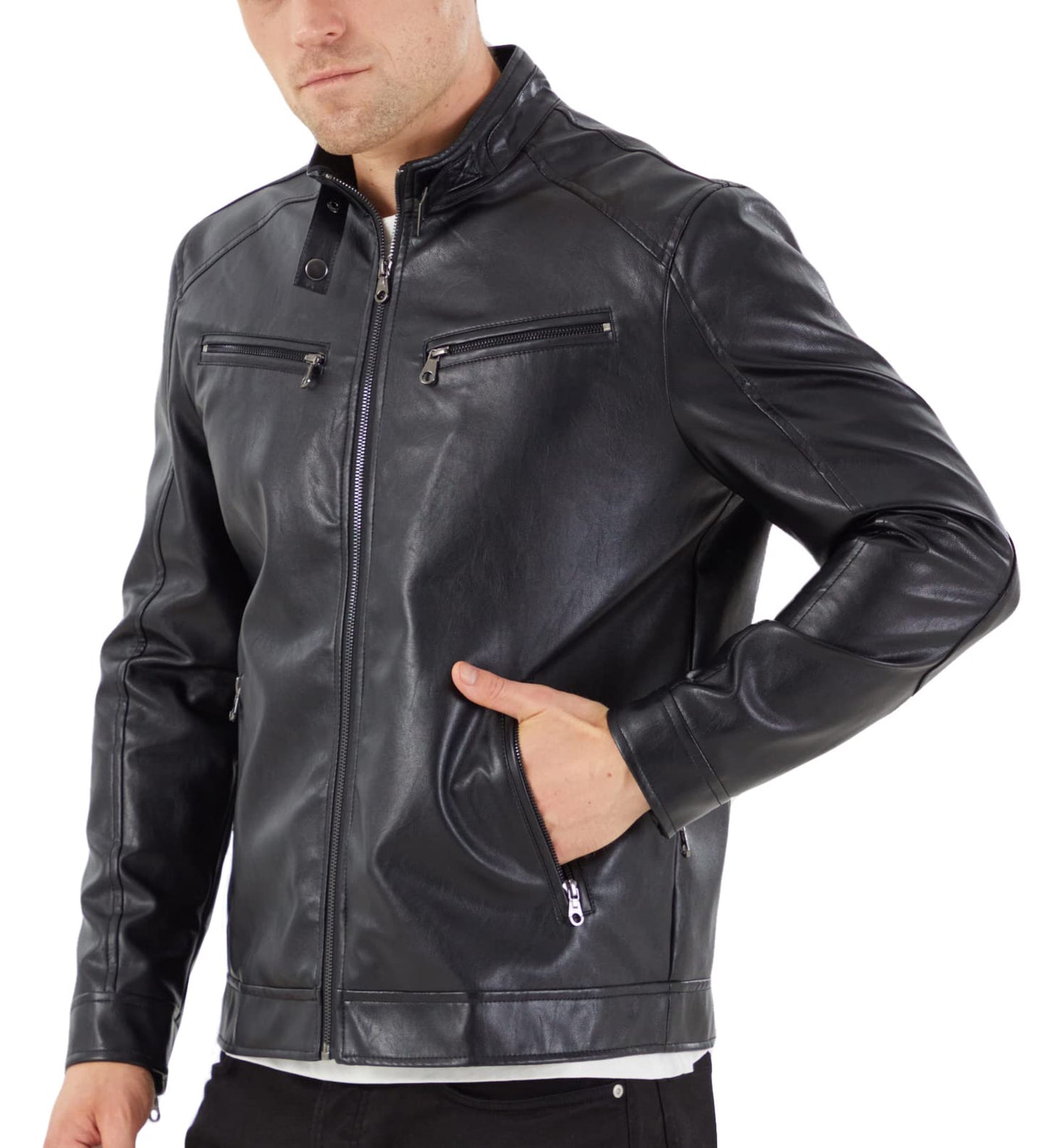 WULFUL Men's Stand Collar Leather Jacket Motorcycle Lightweight Faux Leather Outwear