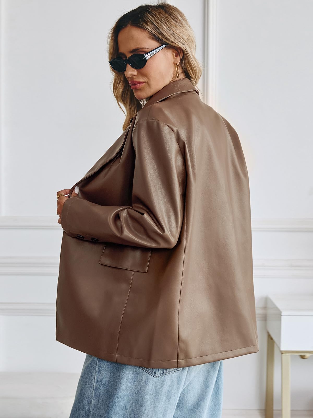 KateModa Women's Faux Leather Blazer Oversized Bomber Winter Coat Motocycle Button Down Fall Jackets with Pockets Khaki Small