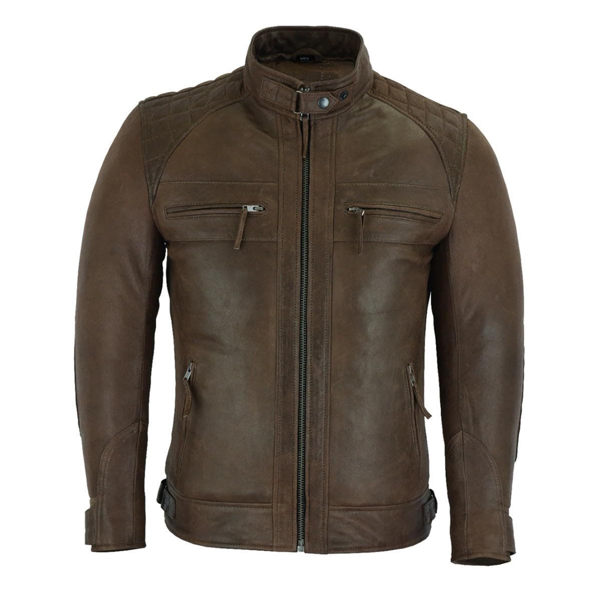 Vance Leather' Men's Cafe Racer Waxed Lambskin Chocolate Brown Motorcycle Leather Jacket (M, Chocolate Brown)