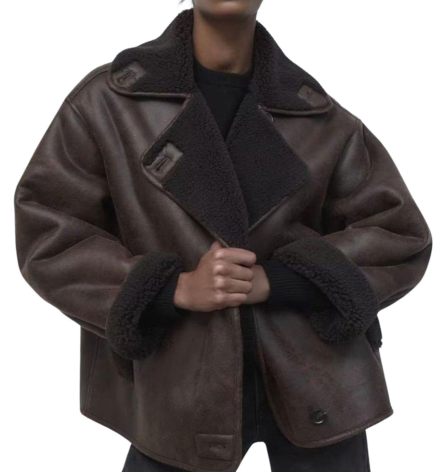 loveimgs Women Thicken Sherpa Lined Faux Suede Jacket Oversized Leather Coat Shearling Fleece Moto Jacket Biker Winter Overcoat (Medium, Brown)