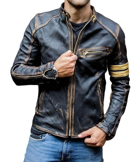 Jild Distressed Café Racer Black Leather Jacket Men - Genuine Lambskin Leather Biker Style Mens Vintage Motorcycle Jacket (YP-Blk-M)