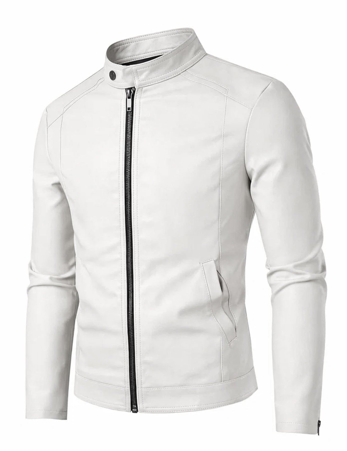 White Leather Jacket Men Faux Leather Motorcycle Stand Collar Biker Coat L