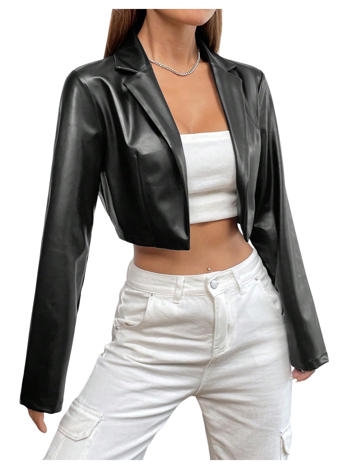 GORGLITTER Women's Cropped Faux Leather Jacket Y2k Long Sleeve Open Front Cardigan Bomber Moto Biker Jackets Rave Outfits Black Medium