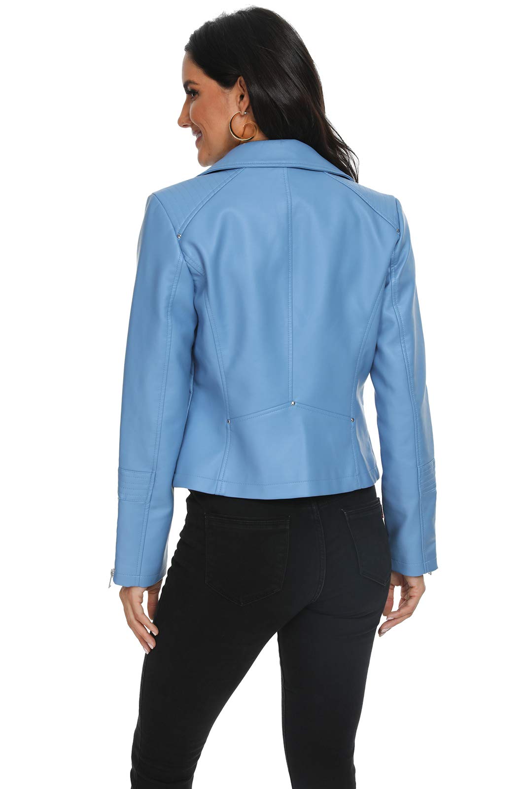 Fahsyee Women's Blue Leather Jackets, Faux Motorcycle Bomber Moto Biker Plus Size Coat Short Lightweight Vegan Pleather Fashion XL