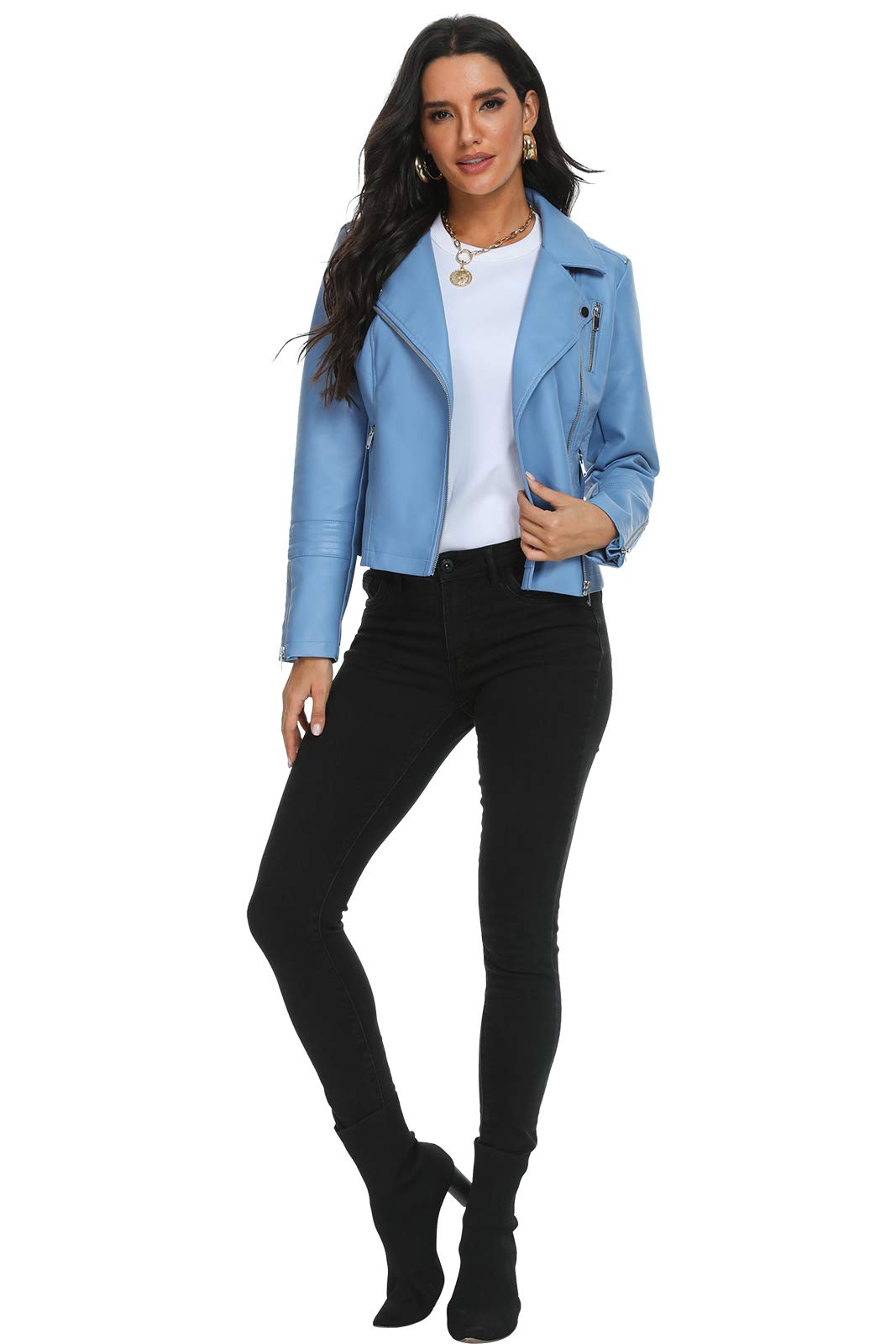 Fahsyee Women's Blue Leather Jackets, Faux Motorcycle Bomber Moto Biker Plus Size Coat Short Lightweight Vegan Pleather Fashion XL