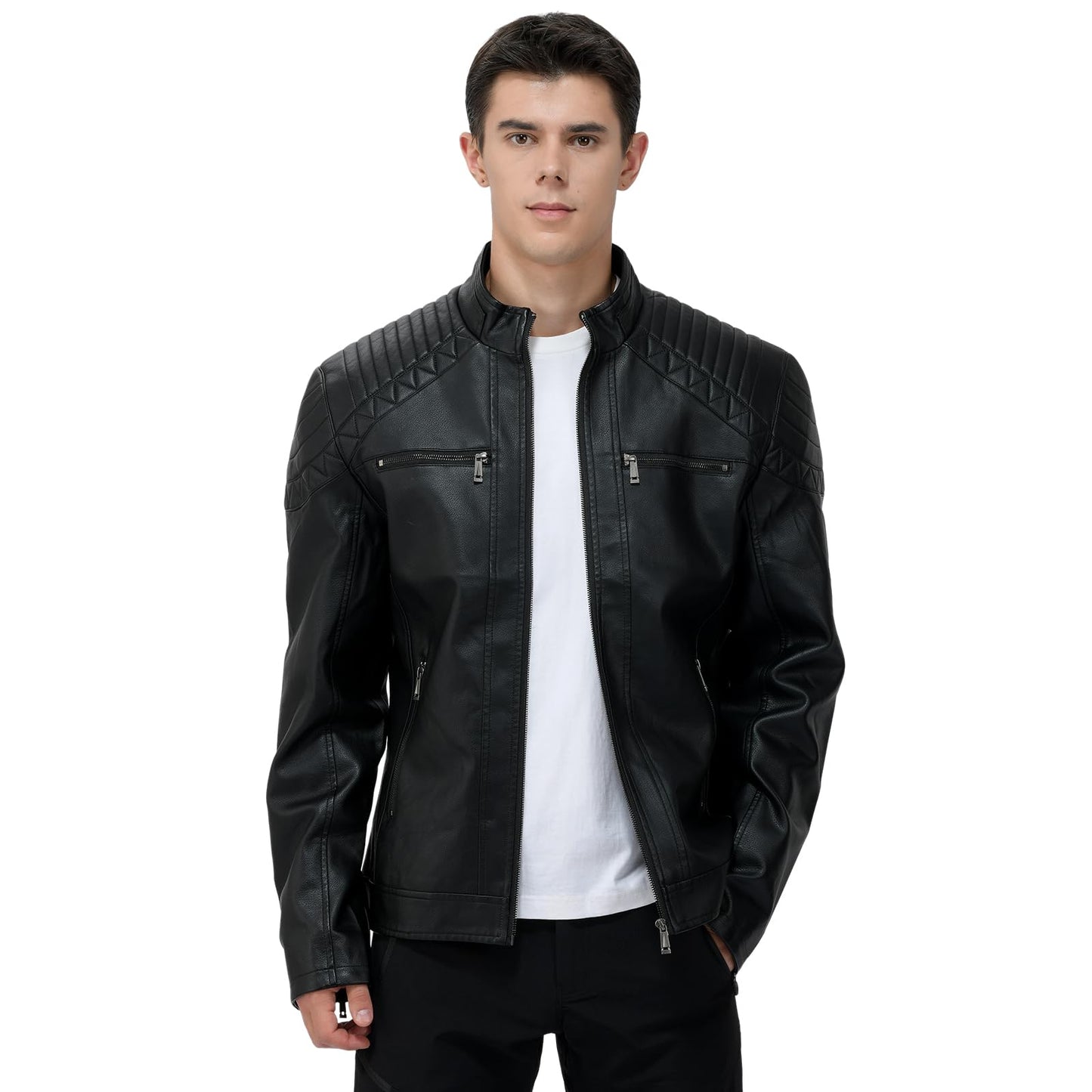 LEDUNTINO Men's Leather Jacket, Stand Collar PU Faux Leather, Zip-Up Motorcycle Bomber Jacket, Slim Fit Biker Coat Black Large
