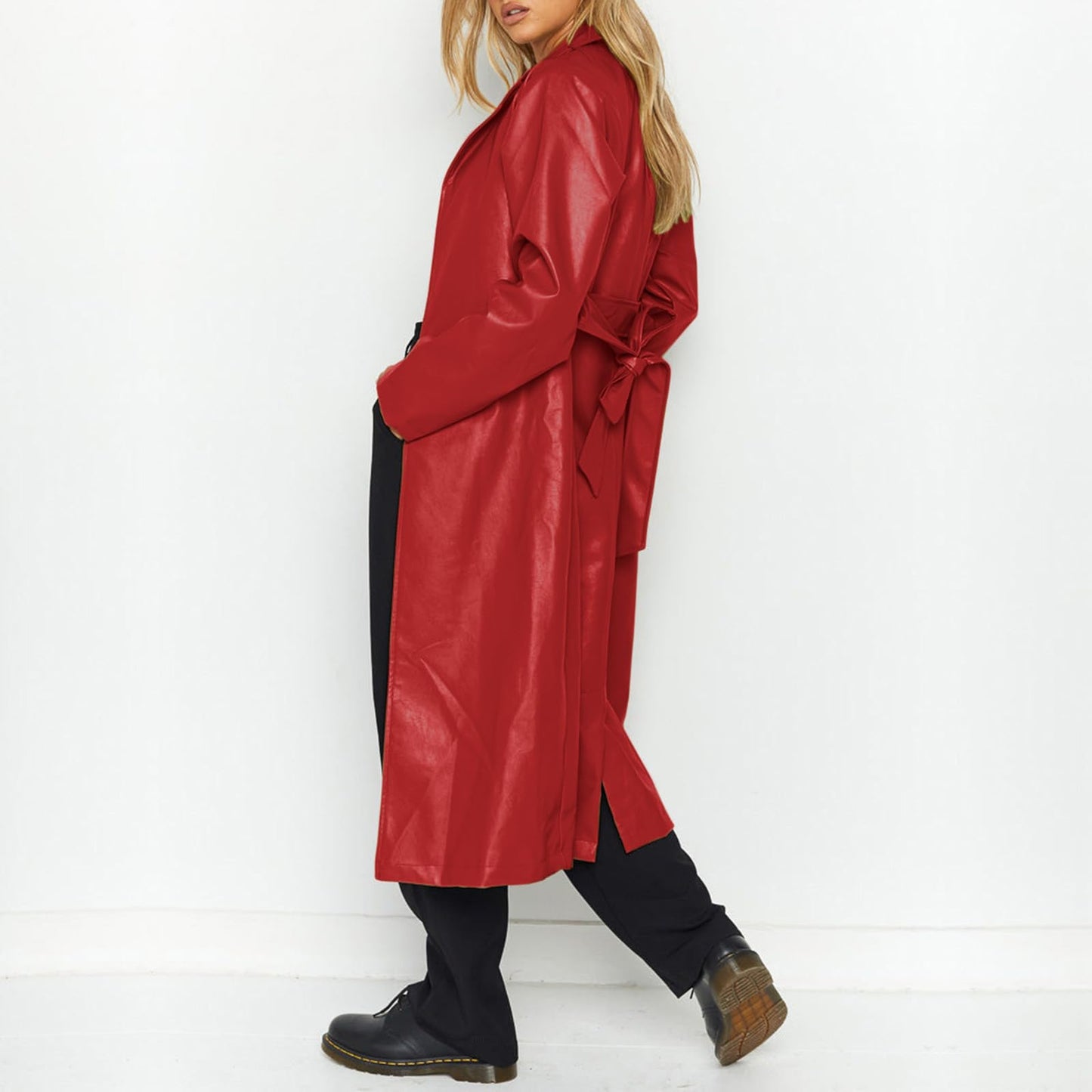 chouyatou Women's Casual Lapel Open Front Pu Faux Leather Long Trench Coat with Belt (Medium, Red)
