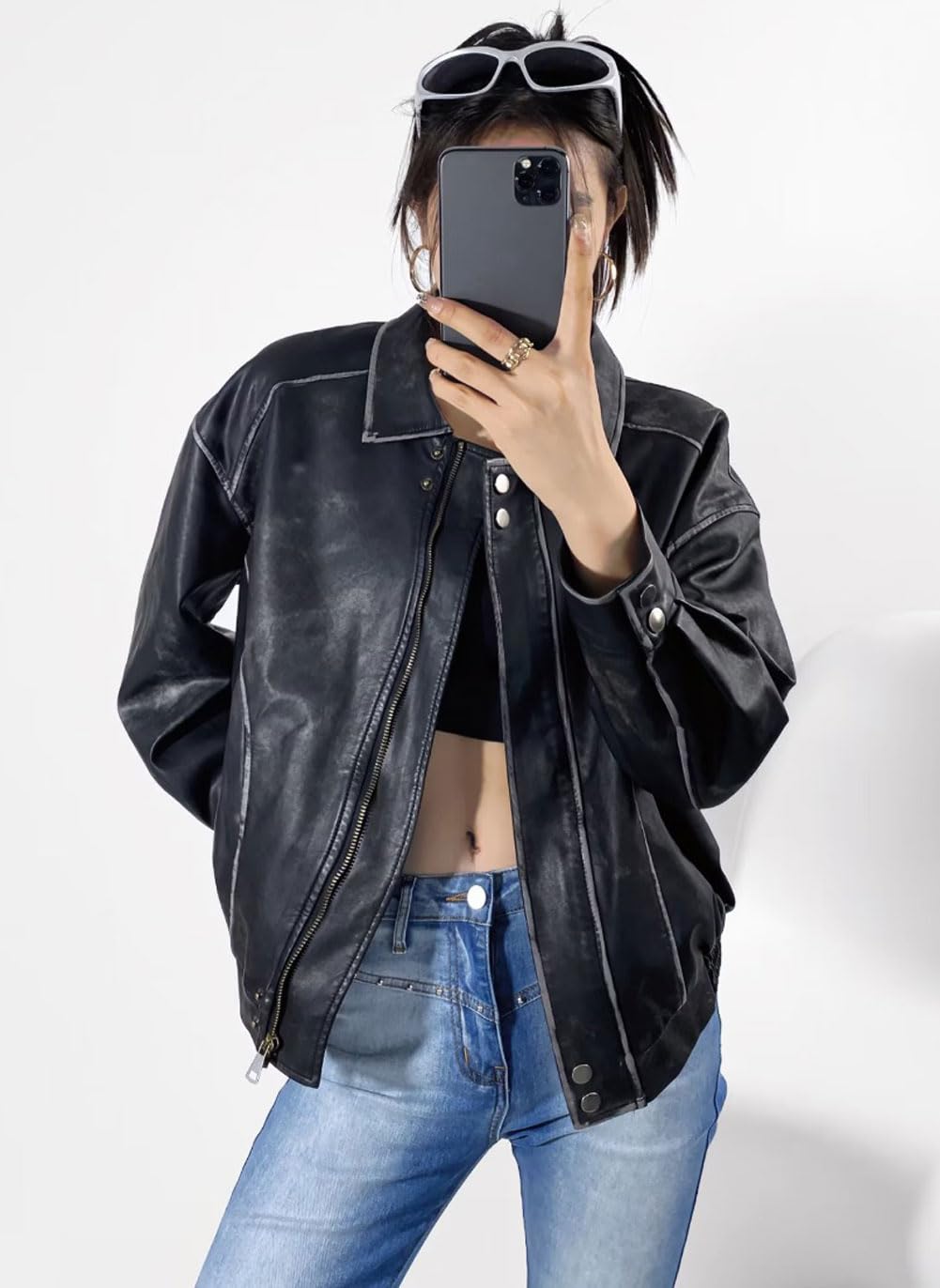 chouyatou Women's Fall Distressed Faux Leather Bomber Jacket Motorcycle Oversized Leather Jacket (Medium, Black)