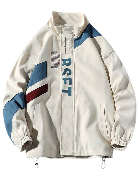 Yimoon Men's Varsity Jacket Vintage Letter Print Motorcycle Jacket Oversized Patchwork Unisex Streetwear(Beige-L)