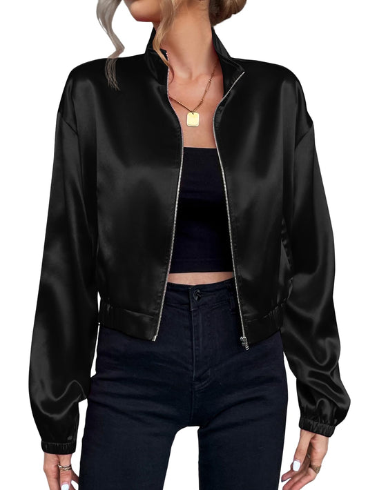 Verdusa Women's Bomber Satin Lightweight Jacket Drop Shoulder Long Sleeve Zip Up Outerwear Solid Black Medium