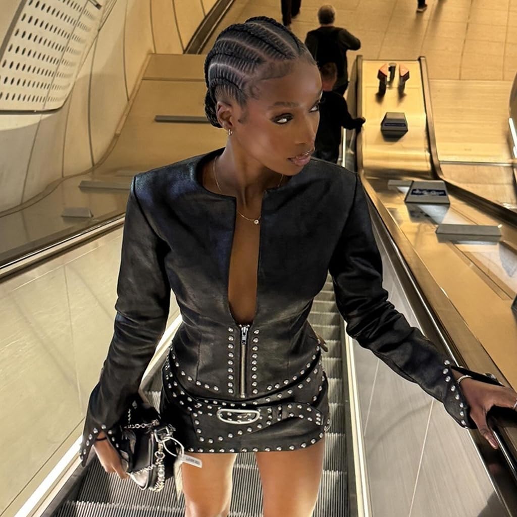 RISCUYY Black Leather Jacket Women Bodycon Long Sleeve Studded Zip Up Cropped Leather Jacket Women 2026