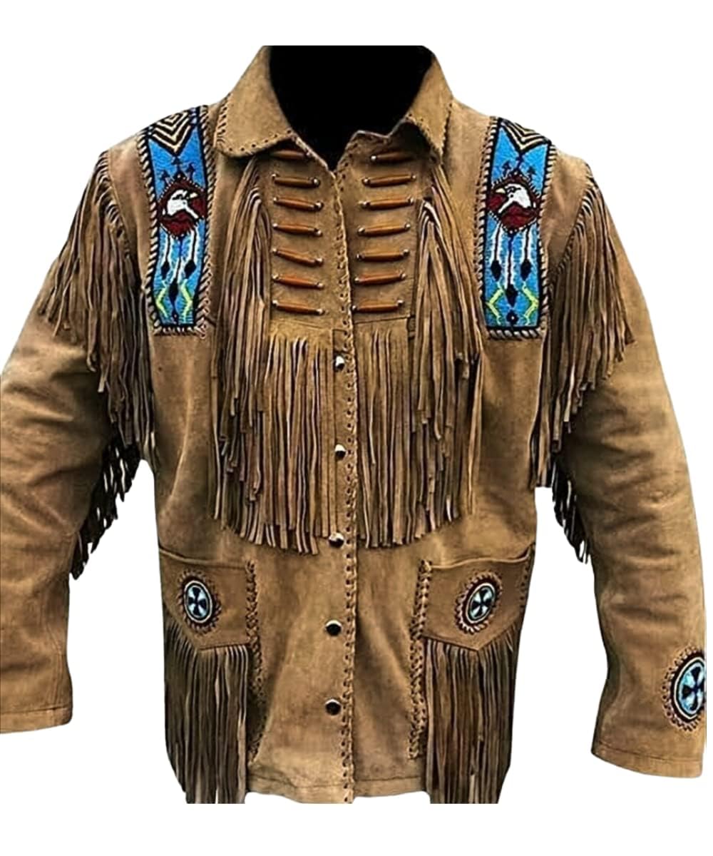 MATARTS Western Cowboy Fringes Beaded Suede Leather Jacket for Men's - Native American and Biker Style Classic Fashion Coat (as1, Alpha, xx_l, Regular, Regular) Brown