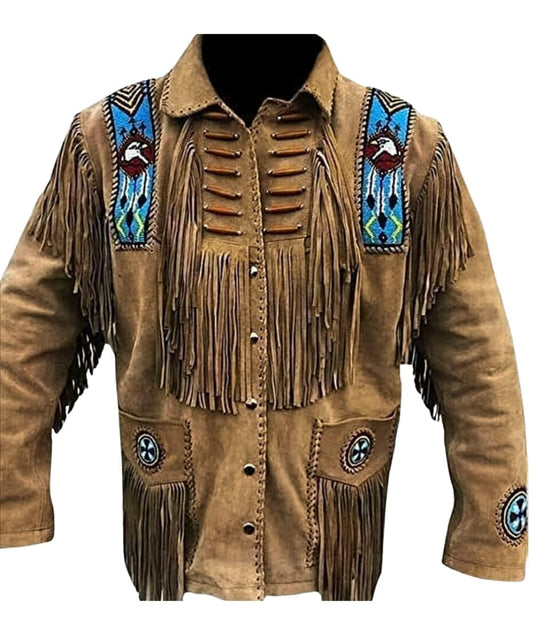 MATARTS Western Cowboy Fringes Beaded Suede Leather Jacket for Men's - Native American and Biker Style Classic Fashion Coat (as1, Alpha, xx_l, Regular, Regular) Brown