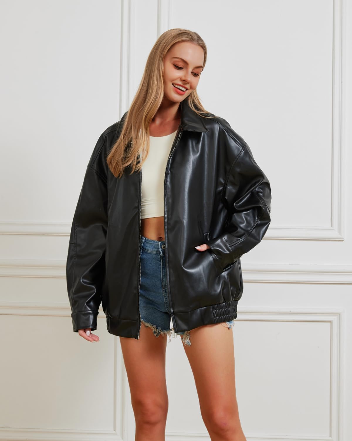 Keoouure Leather Jacket Women Oversized Faux Jacket Fall Fashion Motorcycle Coat 2026 Outfits Clothes Y2k Tops