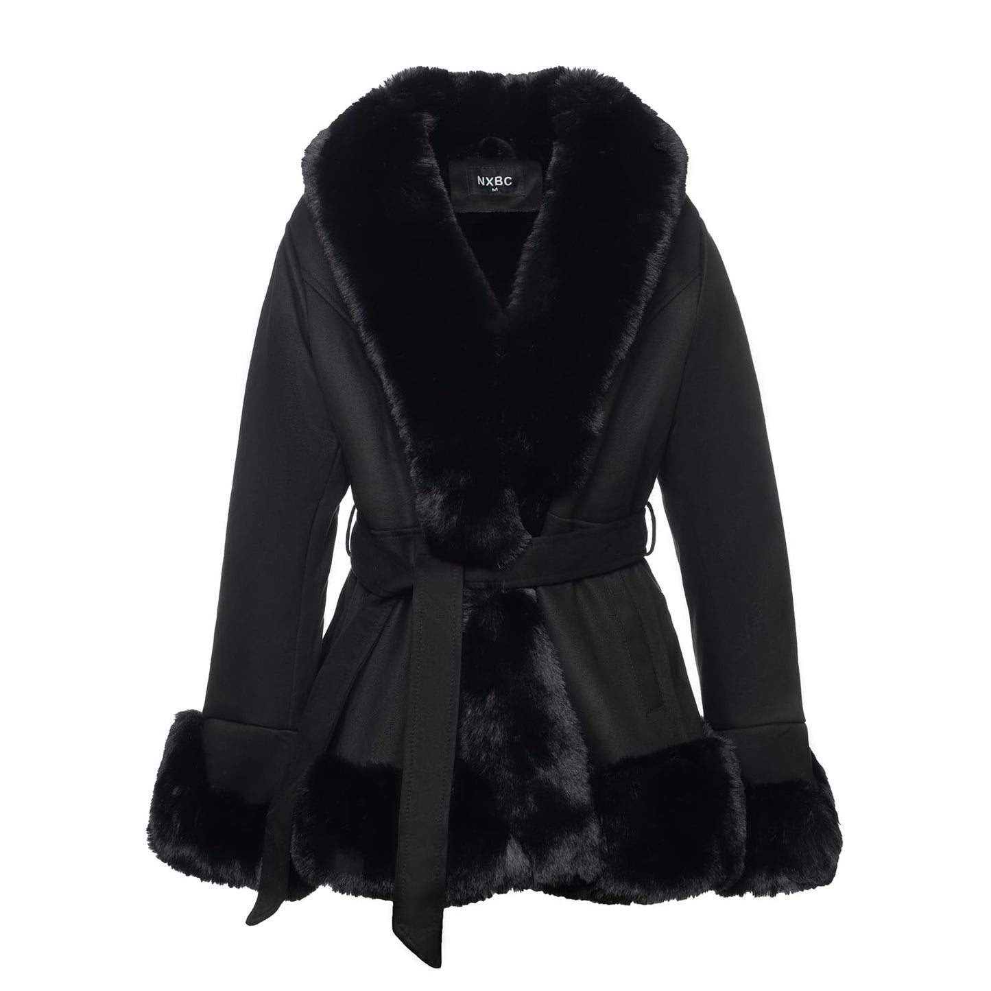 NXBC Winter Faux Fur Coats for Women, Faux Suede Leather Trench Coat Jacket with Belted Waist, Windproof Water Resistant Long Sleeve Parka Outerwear FC008-BLACK-XL