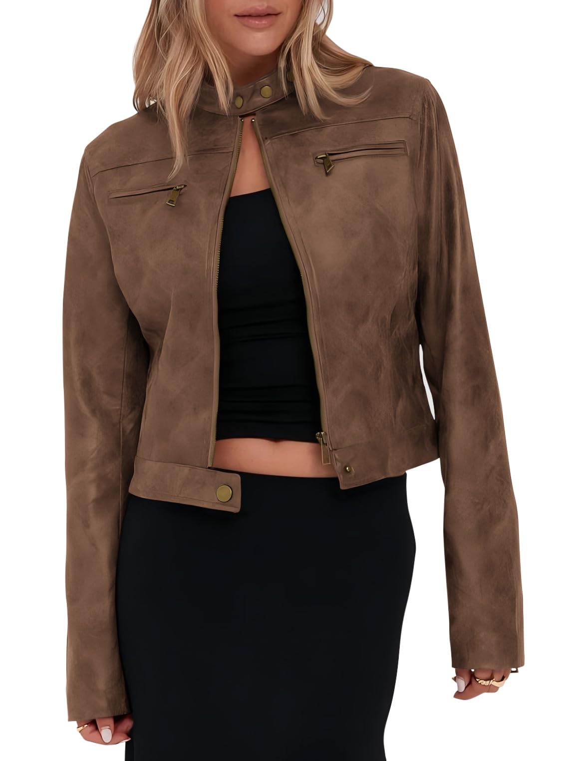 Onedreamer Women's Faux Leather Cropped jackets Casual Vintage Zip Up Stand Collar Motorcycle Short Coat Jacket