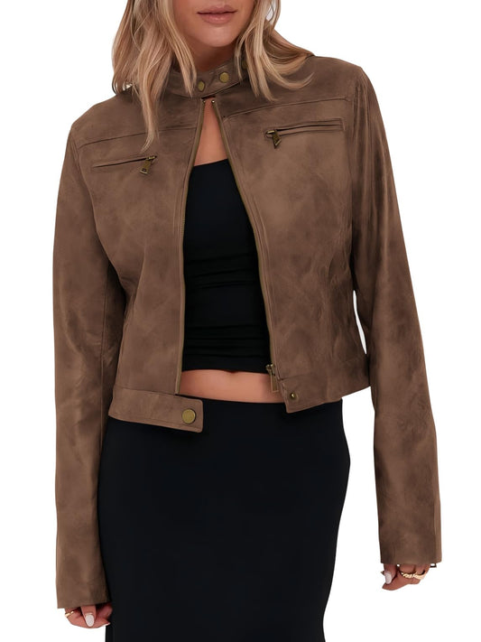 Onedreamer Women's Faux Leather Cropped jackets Casual Vintage Zip Up Stand Collar Motorcycle Short Coat Jacket