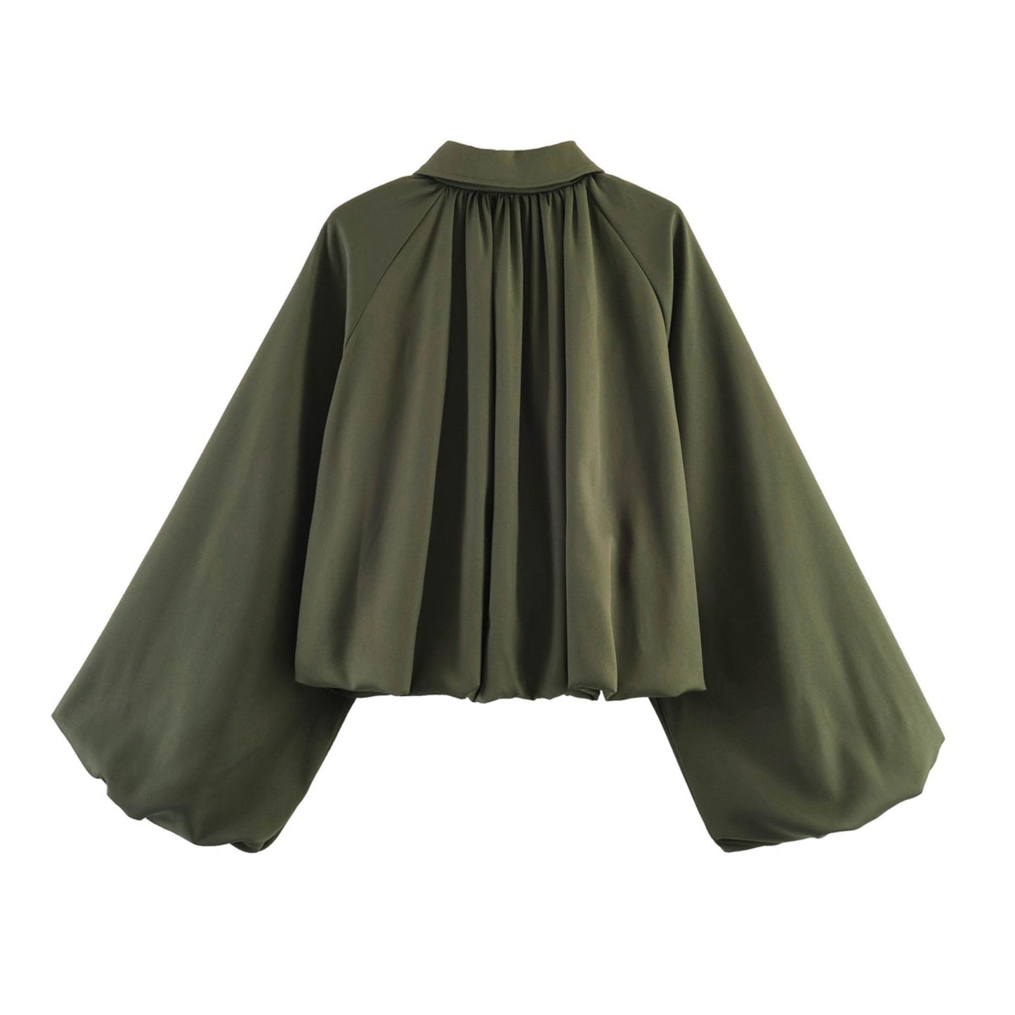 Chevara Women’s Puffed Sleeve Bomber Jacket Trendy Lapel Collar Zip Up Cropped Loose Fit Spring Fall Pleated Shirt(0345-Green-S-CW)
