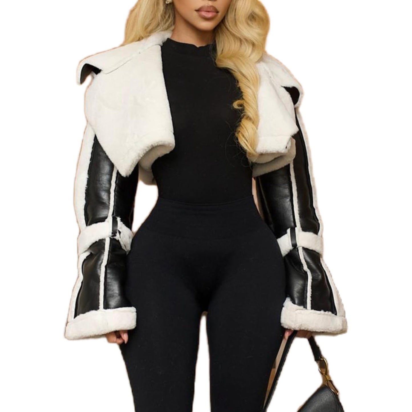 REASERAL Womens PU Leather Crop Jacket Vintage Large Lapel Patchwork Jacket with fleece Winter Going Out Streetwear