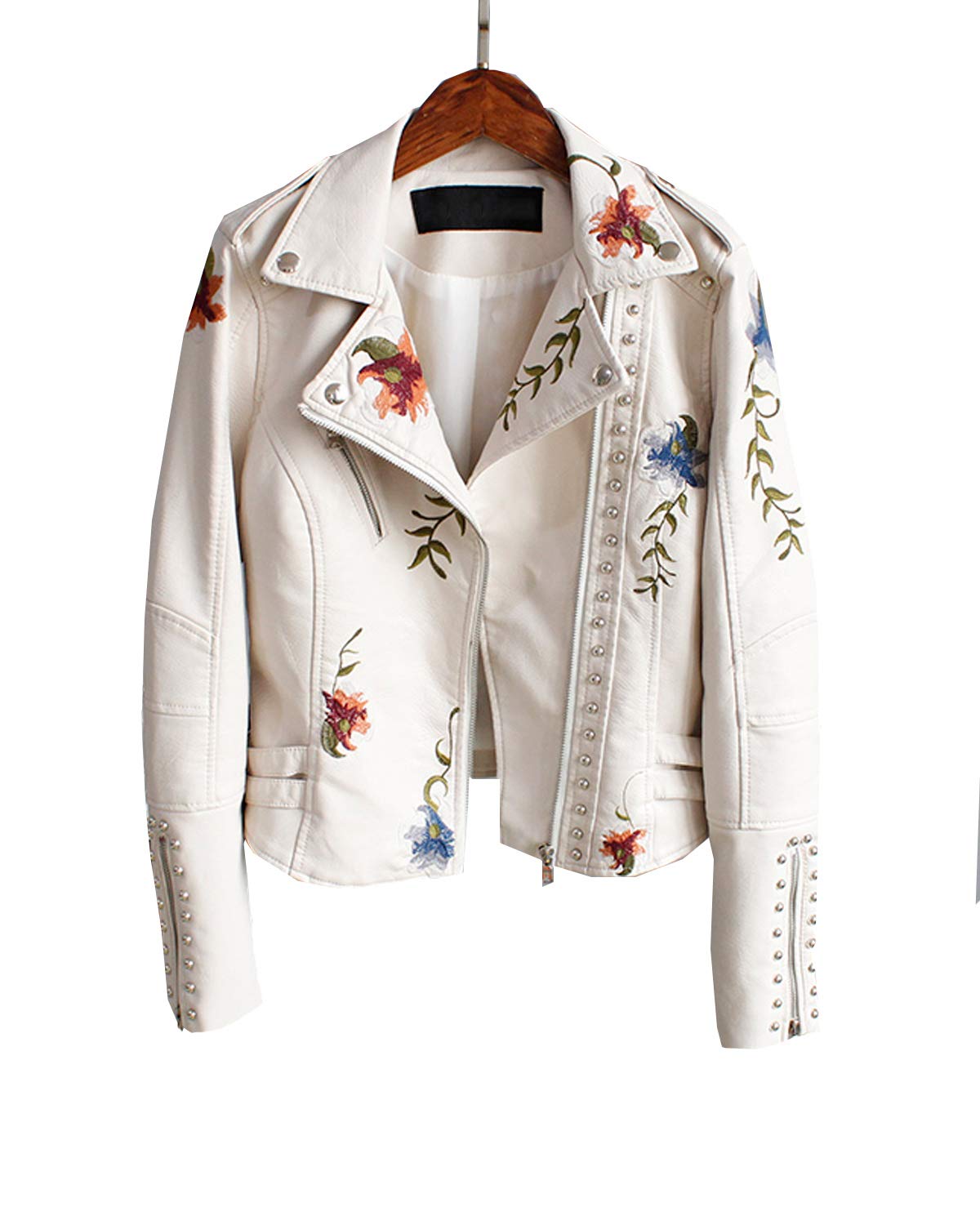 LY VAREY LIN Women's Floral Embroidered Faux Leather Moto PU Jacket Coat (L, Beige)