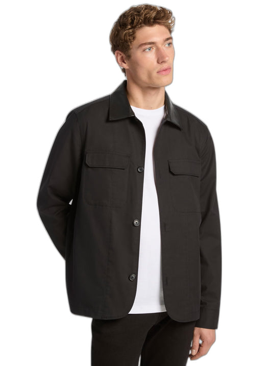 Michael Kors Men's Leather Collar Twill Shirt Jacket, Black, S