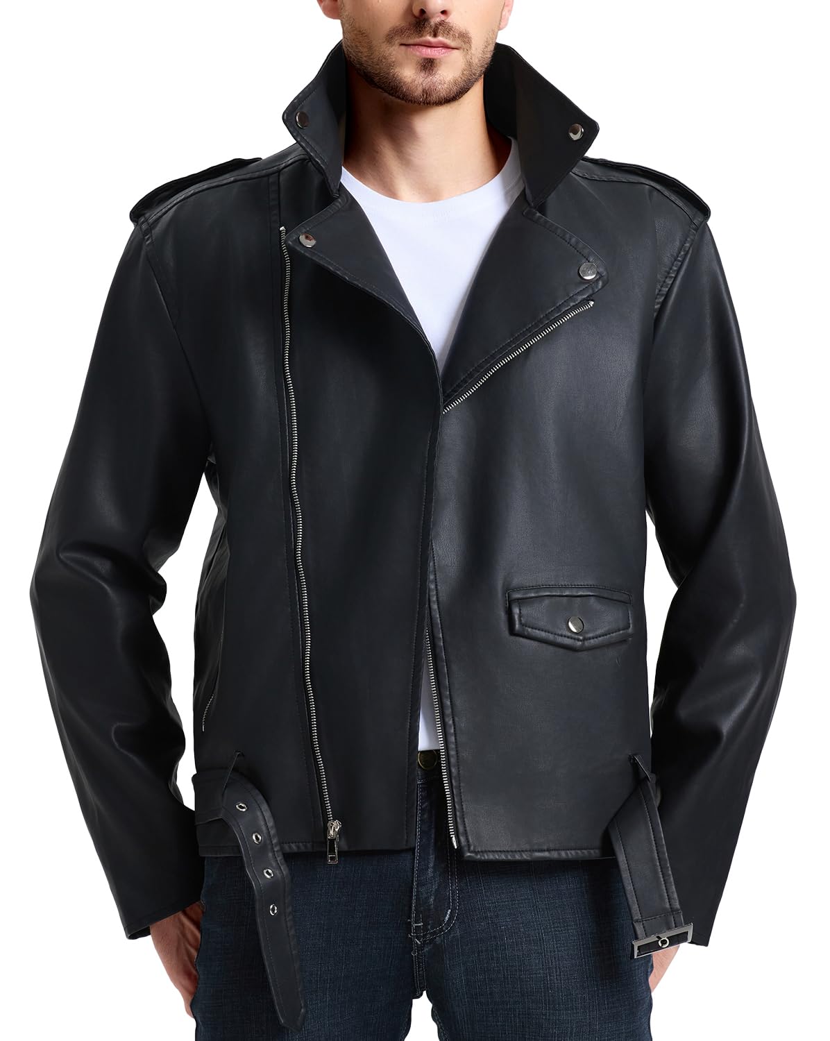 WULFUL Men's Leather Jackets, Faux Bomber Jacket for Men Motorcycle Lapel Asymmetric Zip-Up Slim Fit Biker Coat