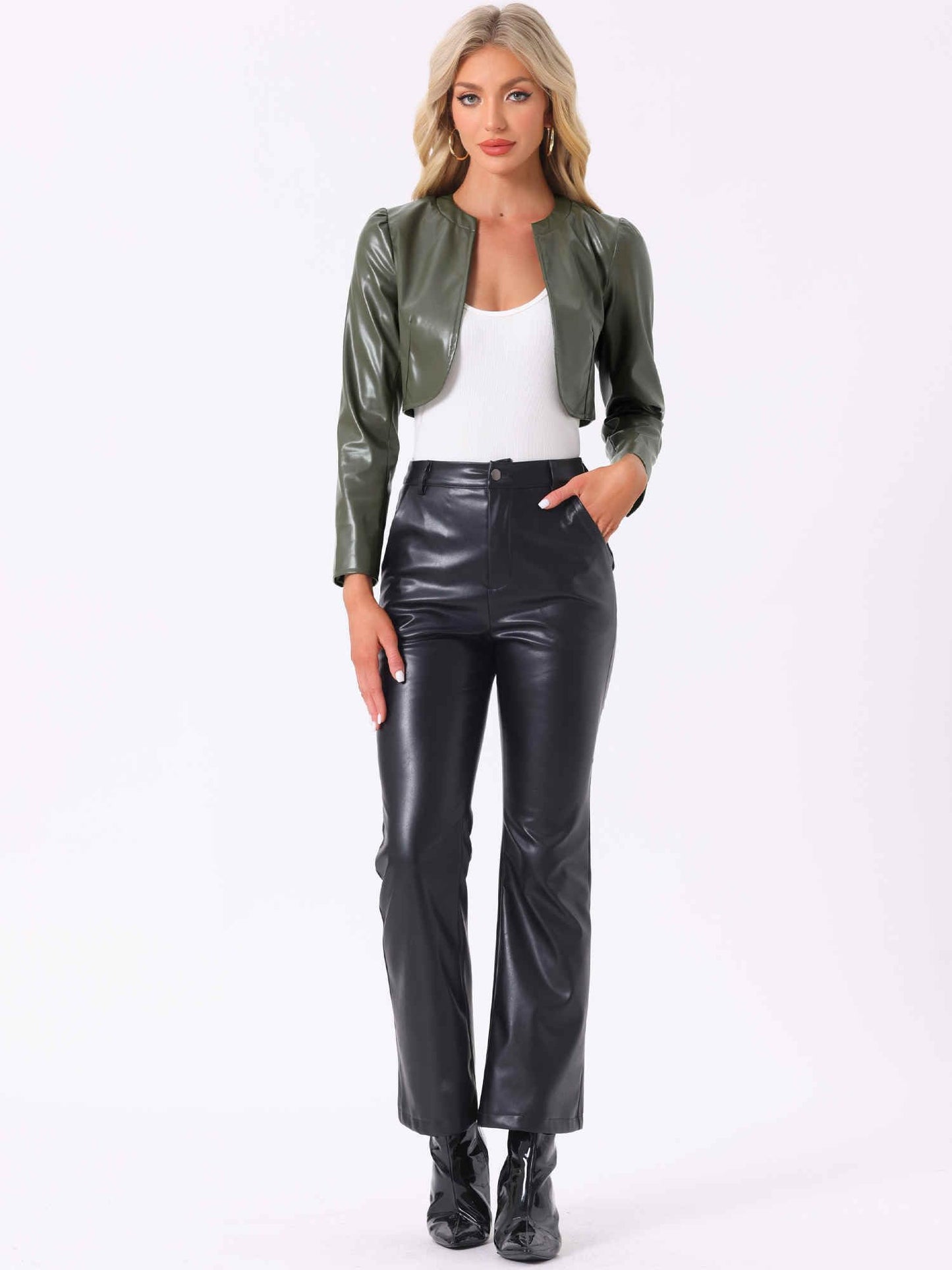Allegra K Faux Leather Jacket for Women's Open Front Long Sleeve PU Cropped Leather Jacket Coat X-Small Army Green