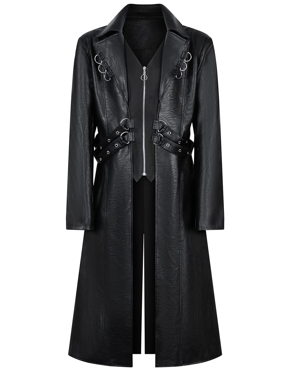 ZNZHKR Men's 70s PU Leather Trench Coat Long German Style Punk Motorcycle Jacket Black Fuxs Leather Zipper Coat (S, Black)