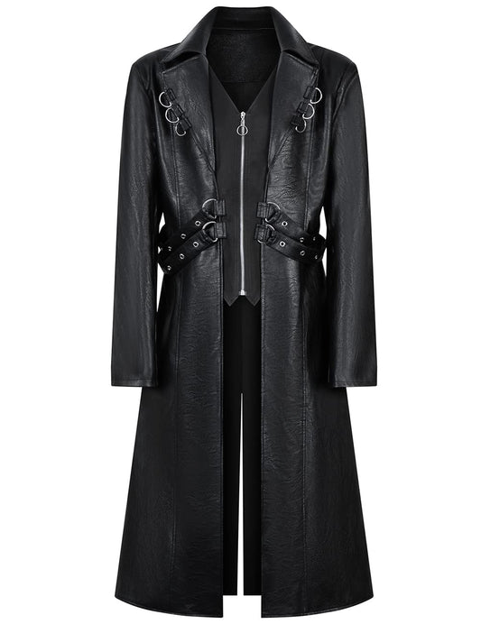 ZNZHKR Men's 70s PU Leather Trench Coat Long German Style Punk Motorcycle Jacket Black Fuxs Leather Zipper Coat (S, Black)