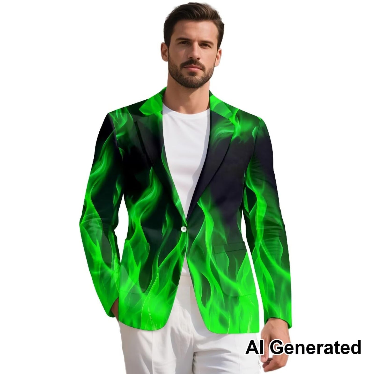 Zarisguat Green Fire Flame Men's Dress Party Suit Jacket Notched Lapel Slim Fit One Button Blazer Sport Coats Size M