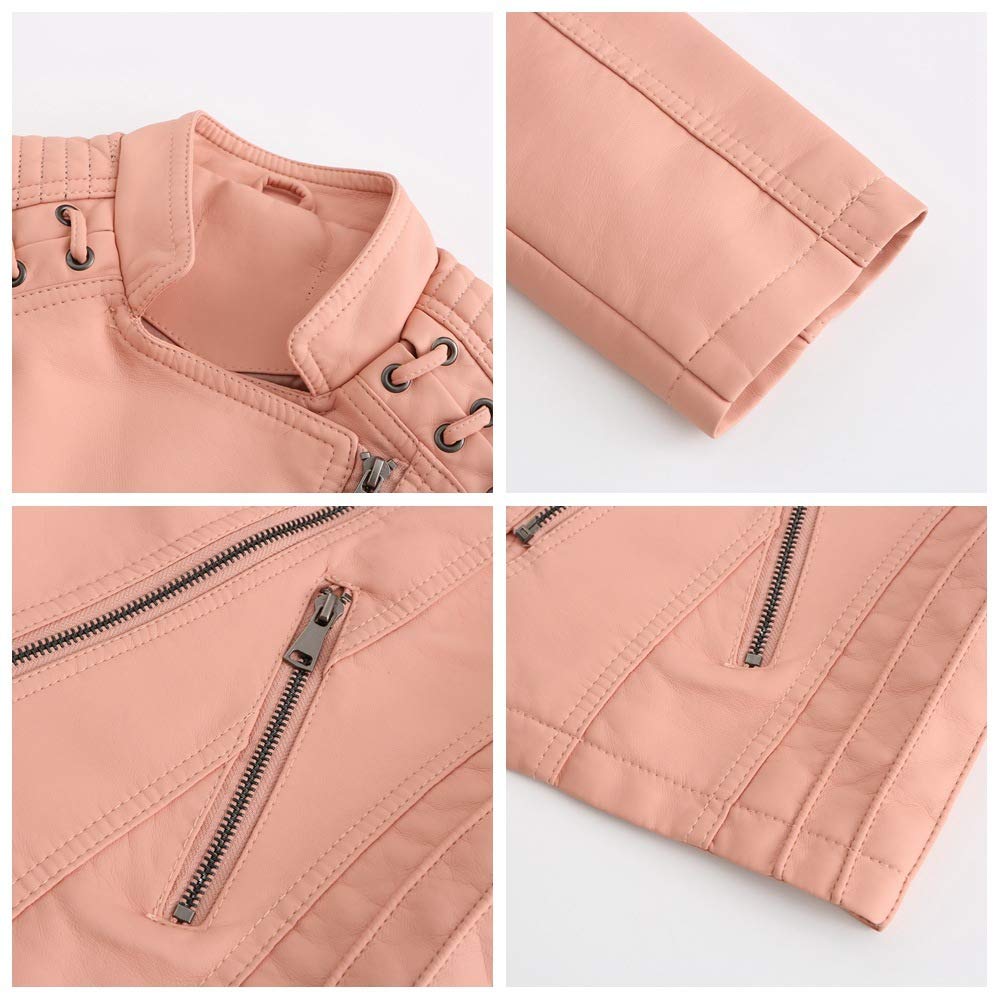 DEAR MODEL Womens Leather Jacket Long Sleeve Fitted Faux Leather Coats,Classic Locomotive Style Leather Jacket,Pink,M