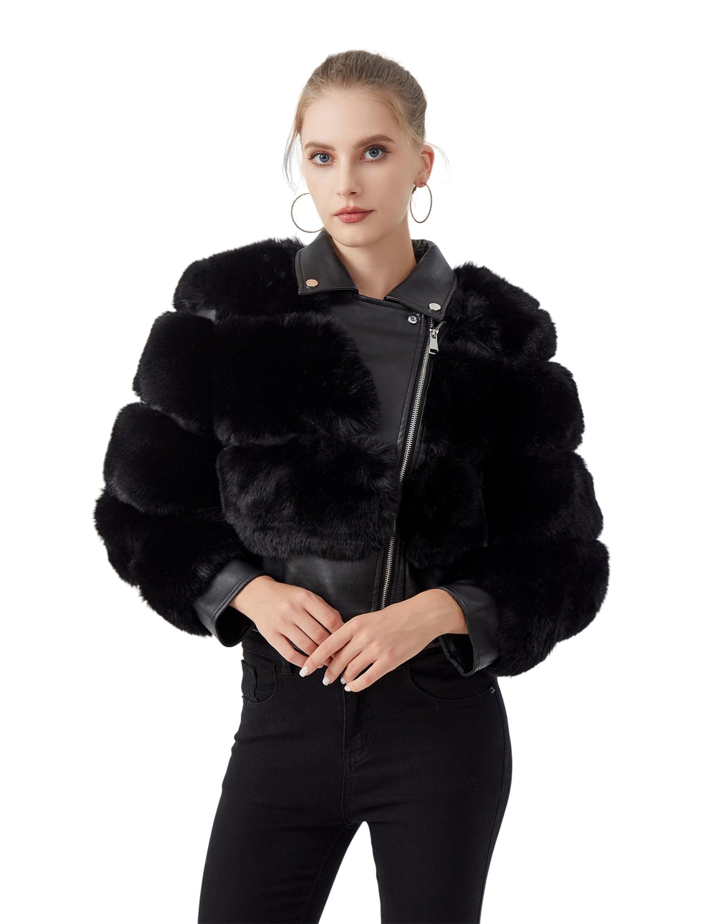 GRAN ORIENTE Women's Moto Style Cropped Faux Fur Jacket,Faux Leather Belted Biker Coat,Zip Up Plush Winter Outerwear (GK098A Black, M)