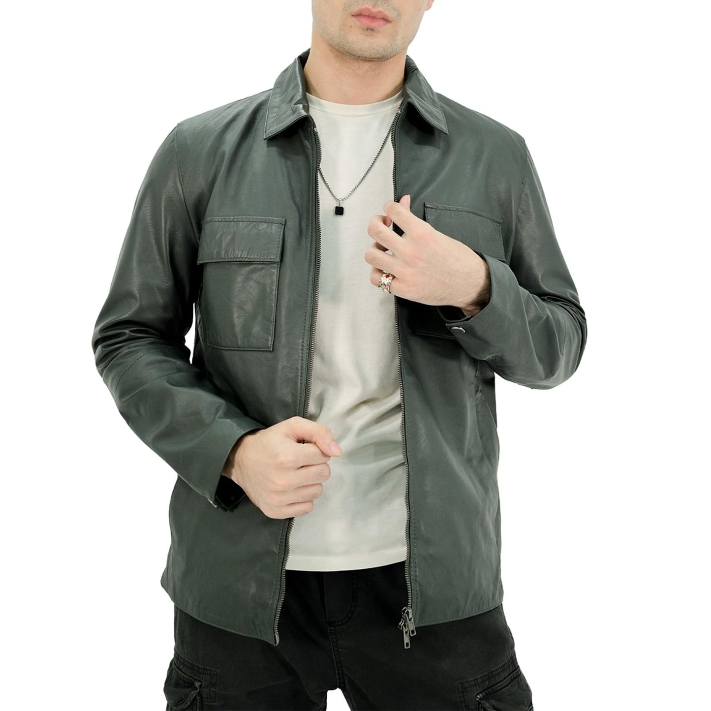 Rauly Trucker Leather Jacket Men Real Lambskin Button Front Shirt Collar Mens Leather Jacket