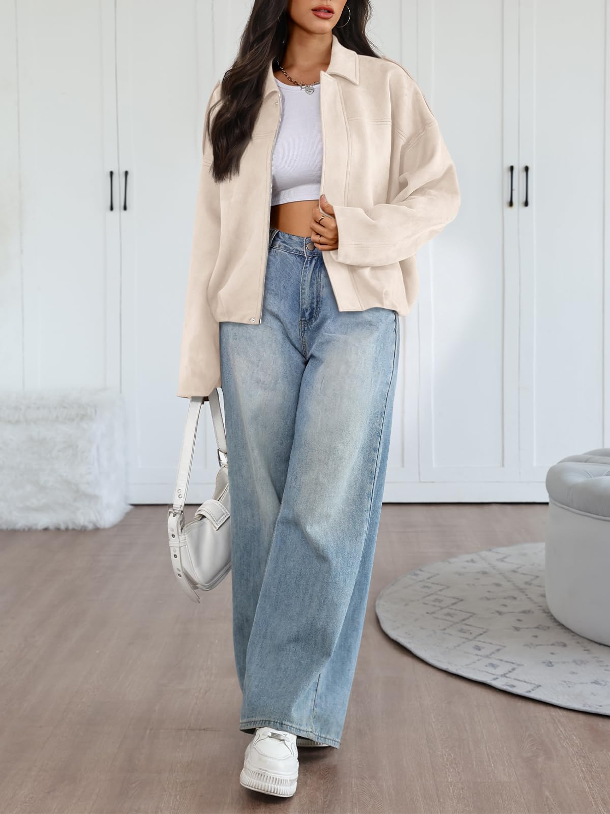 Trendy Queen Womens Oversized Leather Jacket Bomber Coat, Apricot, M