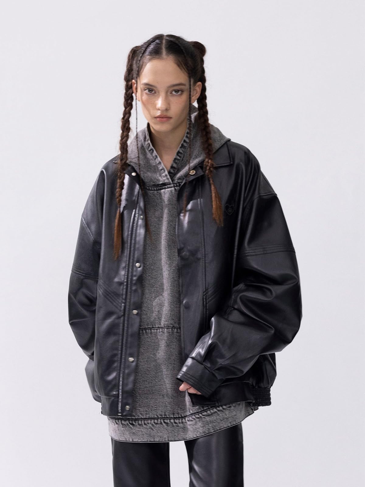 Aelfric Eden Womens Leather Jacket Oversized Y2k Faux Motorcycle Bomber Moto Biker Jackets Coats Black