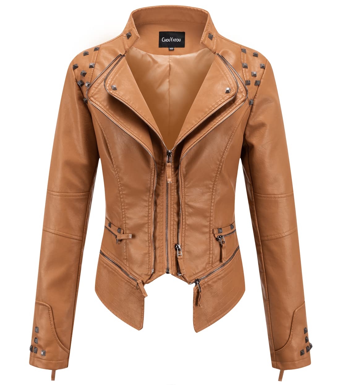 chouyatou Women's Fashion Studded Perfectly Shaping Faux Leather Biker Jacket (Large, Brown)