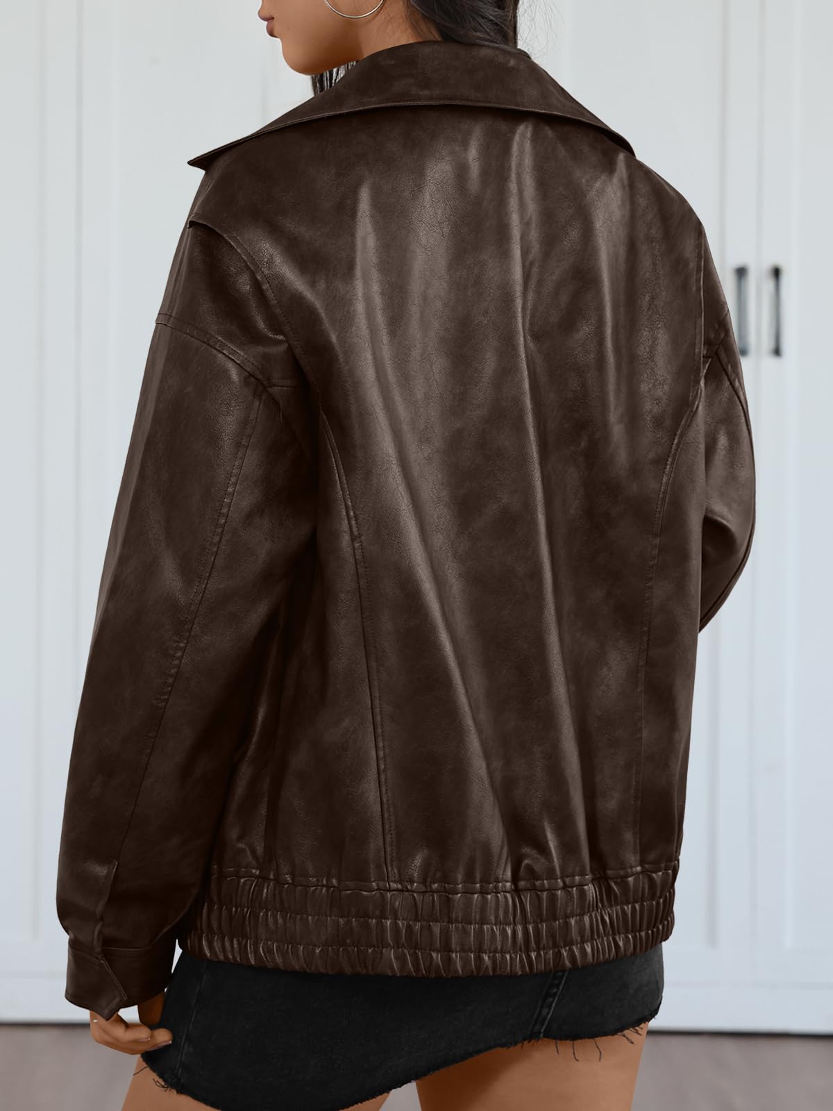 Trendy Queen Women's Oversized Faux Leather Jackets - Textured Bomber Moto Style Zip Up Coats for Fall Winter Spring Brown M