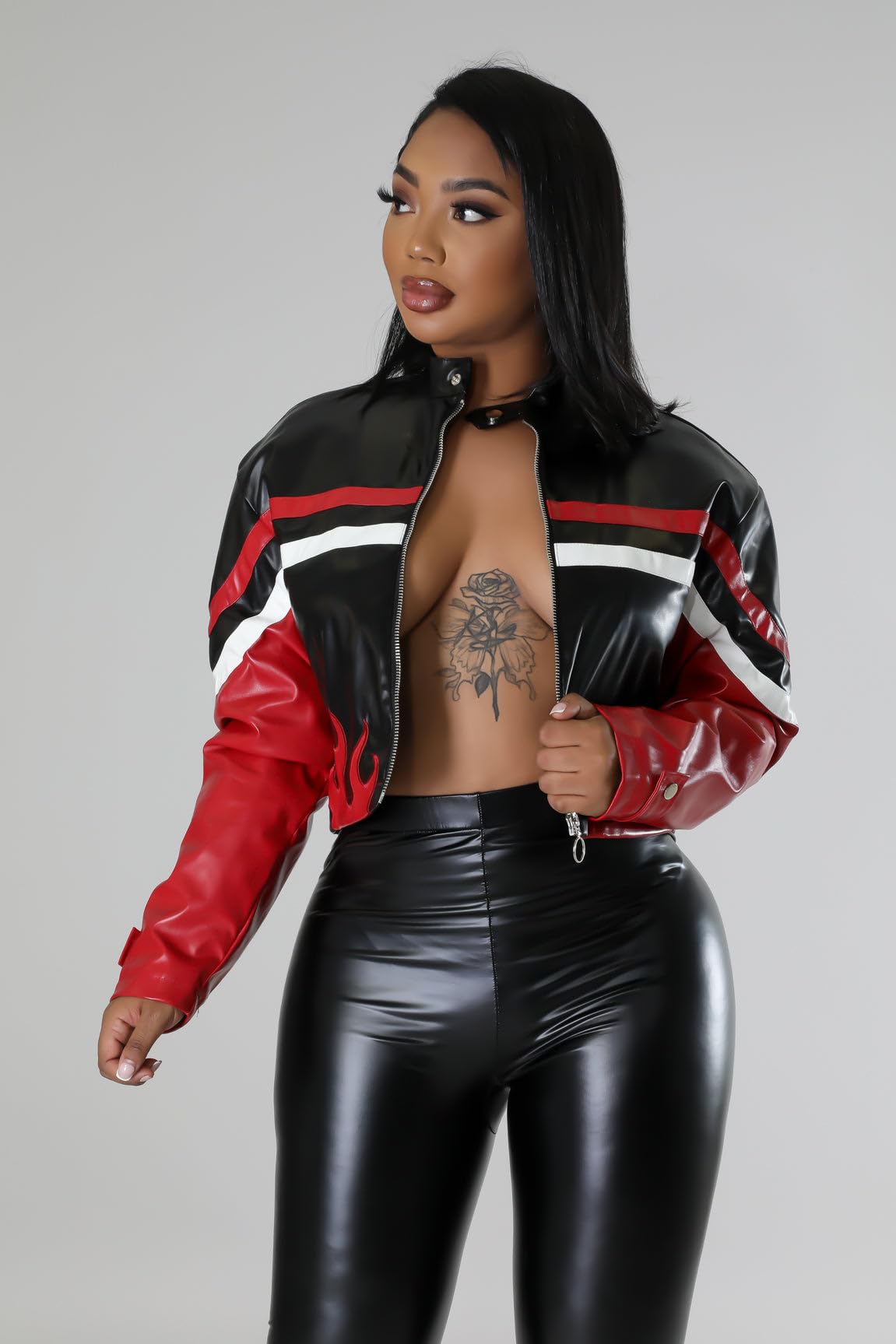 LXUAMR Womens Red Faux Leather Cropped Zip Up Bomber Jacket Women S-XXL