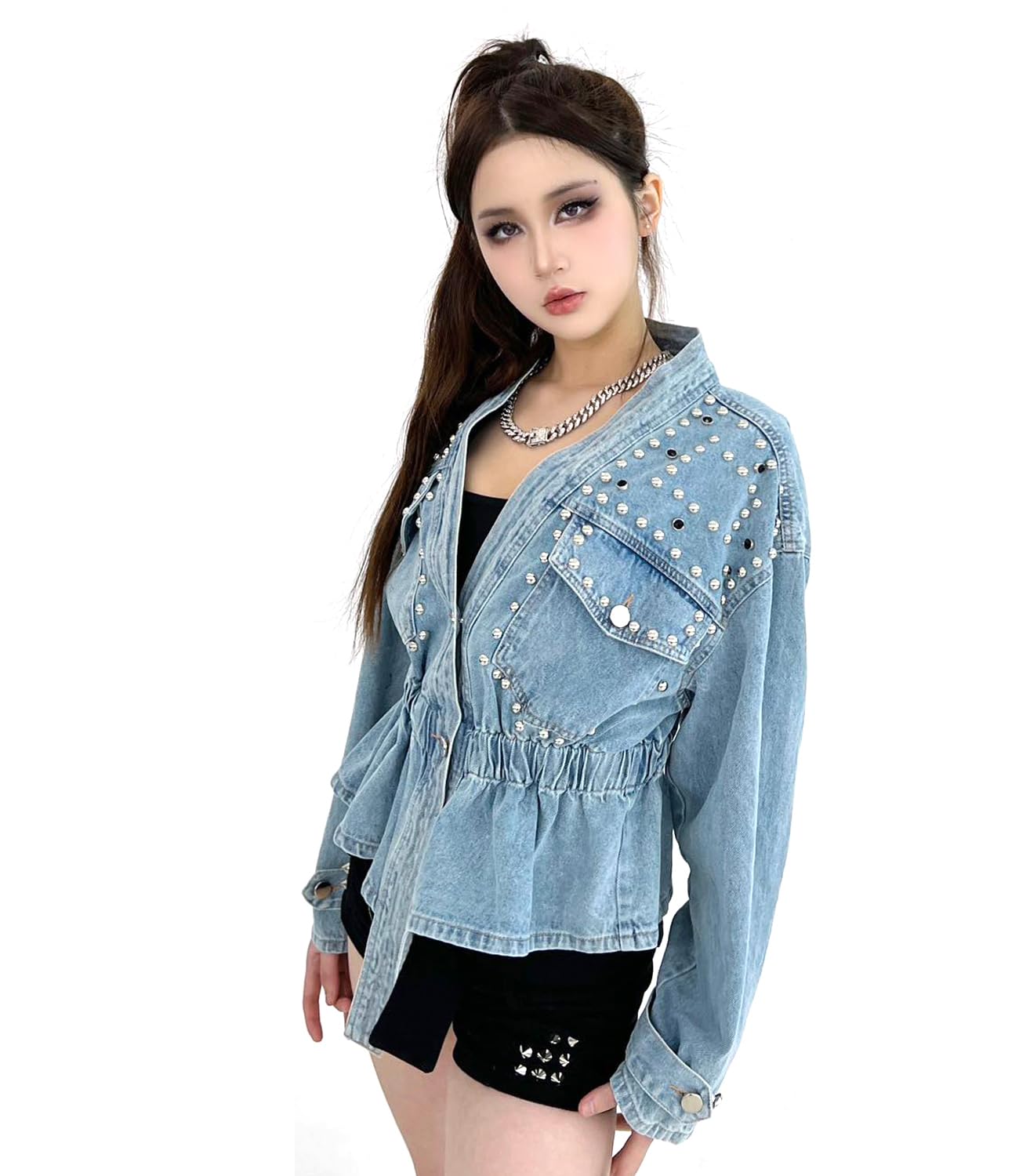 DARKSHE Women's Denim Jacket, Studded Rivet Fashion Coat with Long Sleeve (DS2503 / XL)