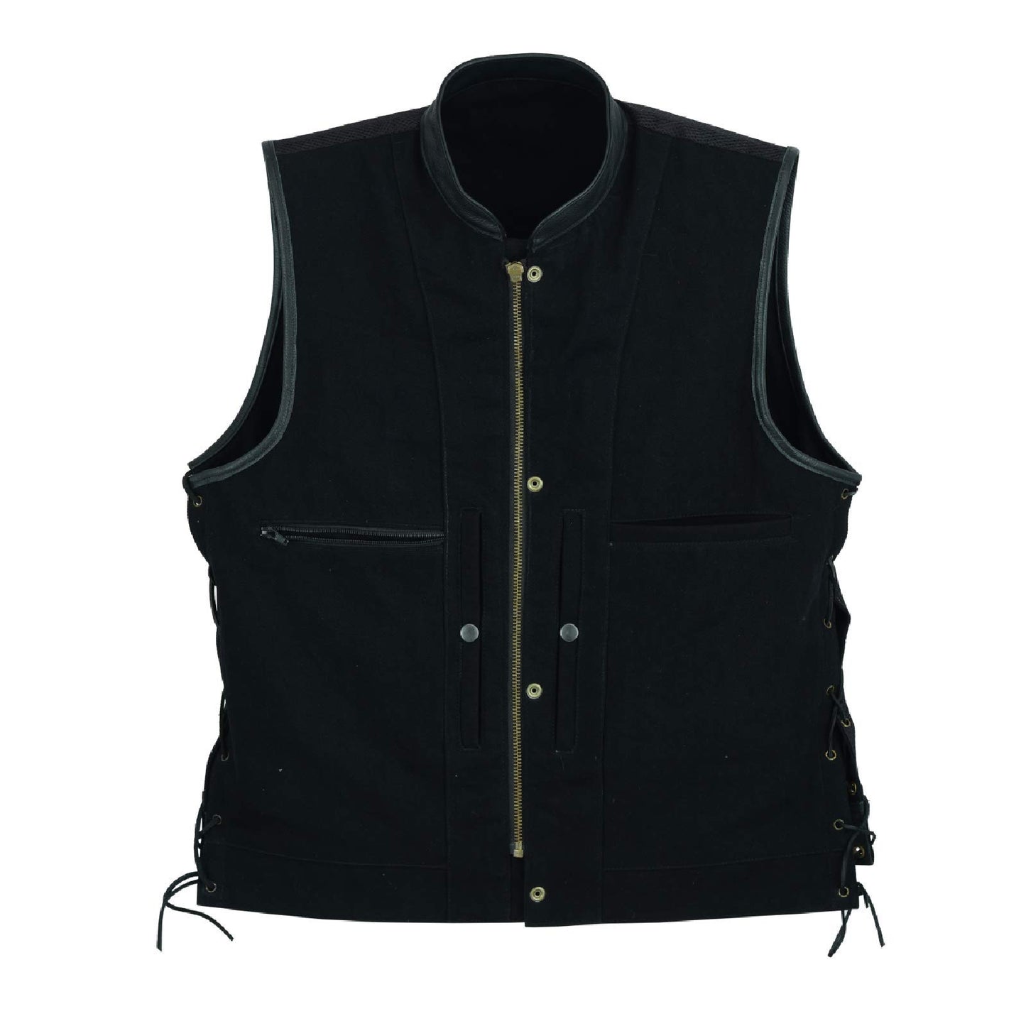 Leatherick Mens Side Lace Black Denim Vest with Leather Trims for Motorcycle Bikers (XL)
