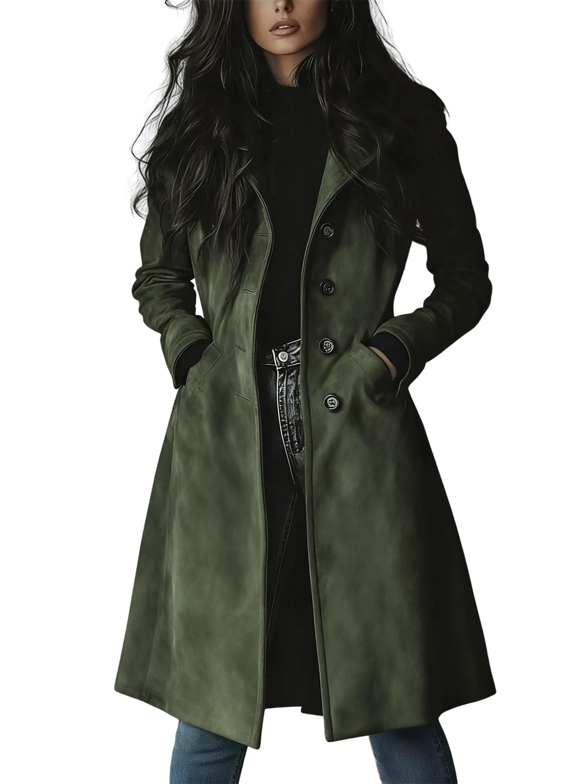 utcoco Womens Long Suede Trench Coat Single Breasted Leather Trench Overcoat with Pocket (X-Small, Army Green)