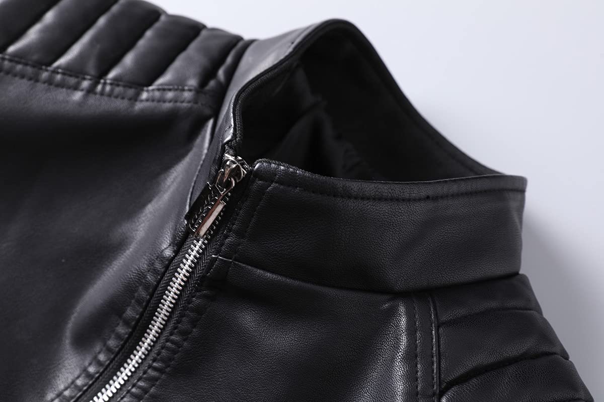Womleys Mens Casual Stand Collar Slim Fit Faux Leather Jacket Biker Motorcycle Jacket (X-Black, Large)