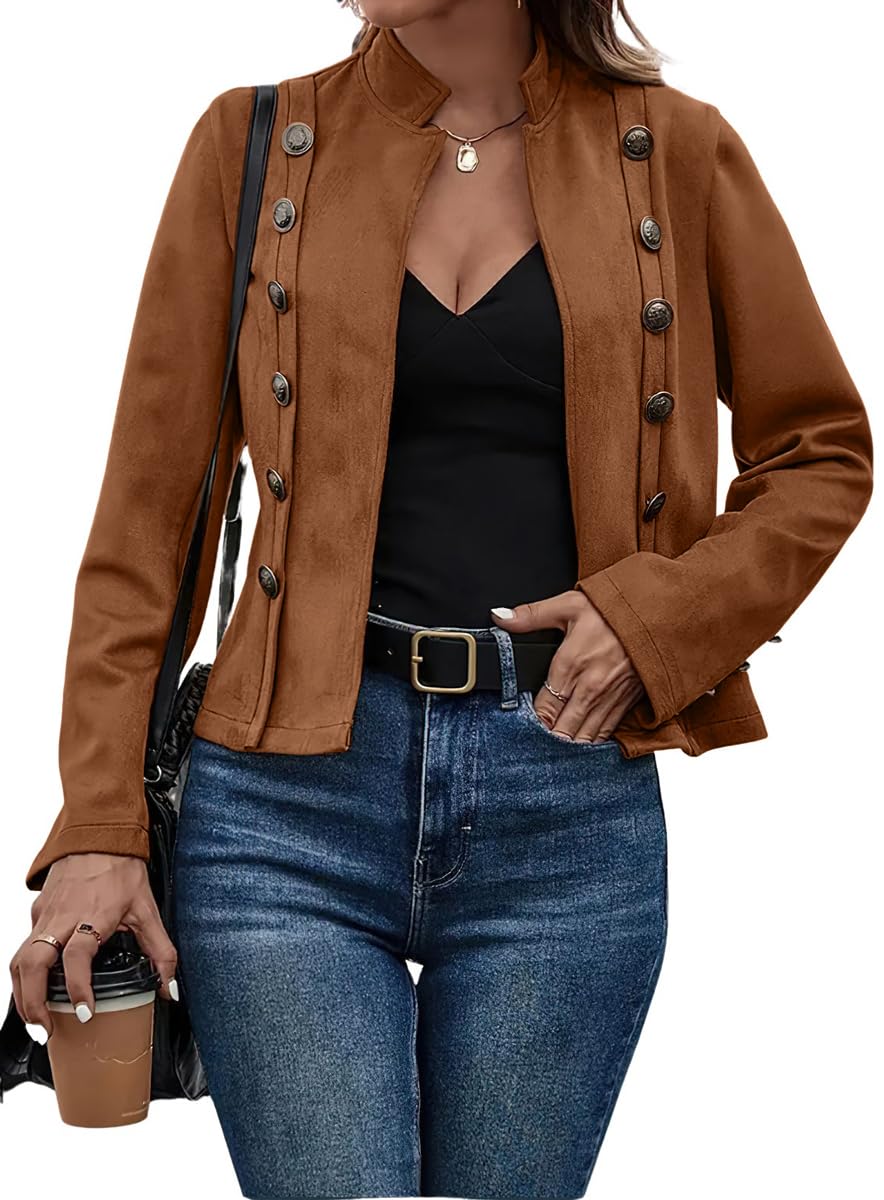 chouyatou Women's Faux Suede Leather Jacket 2025 Fall Winter Clothes Casual Business Long Sleeve Blazer Jacket Coat (Small, Brown)
