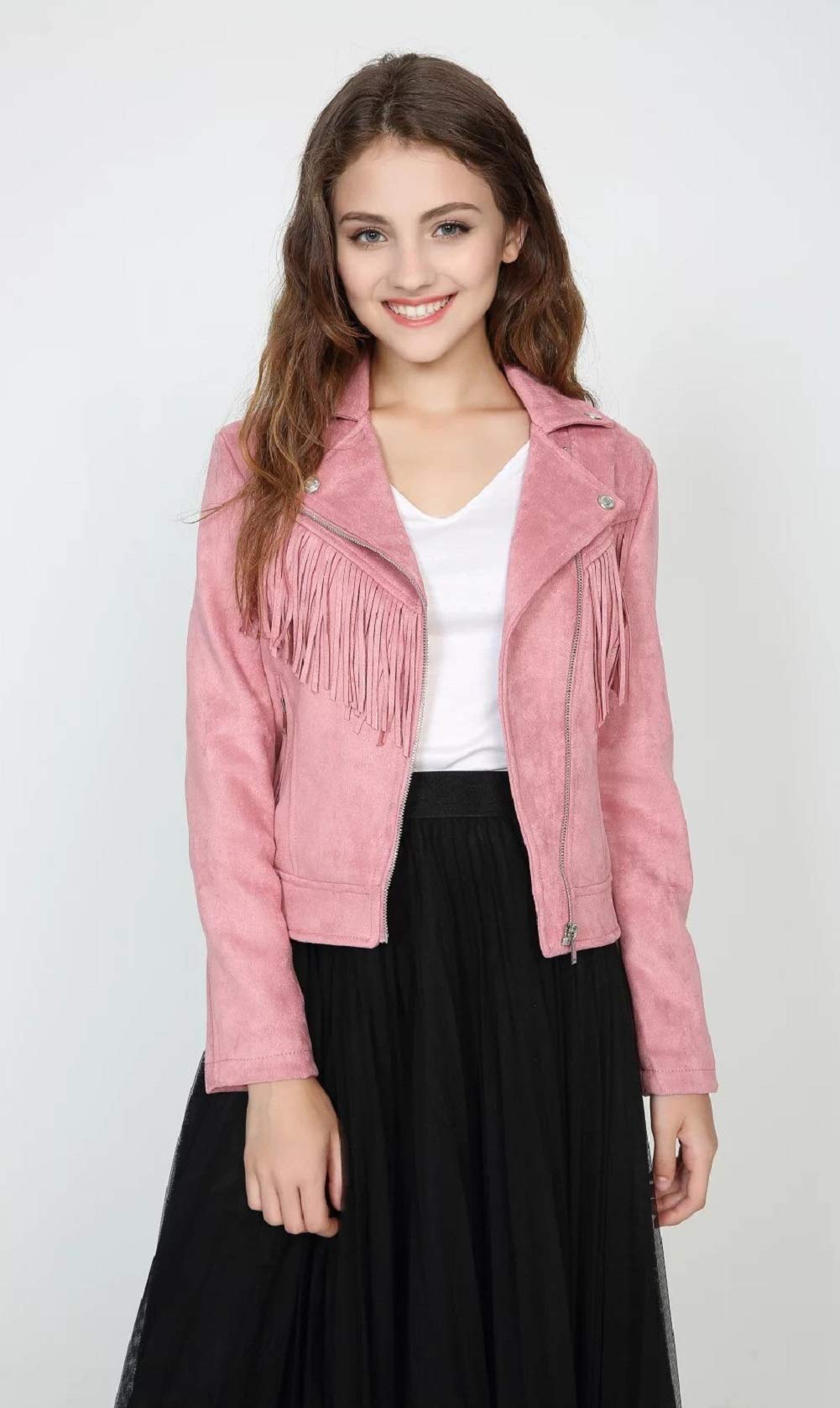 CHARTOU Women's Fall 2023 Fashion Faux Suede Leather Casual Moto Biker Jacket Coats (Small, tassel-pink)