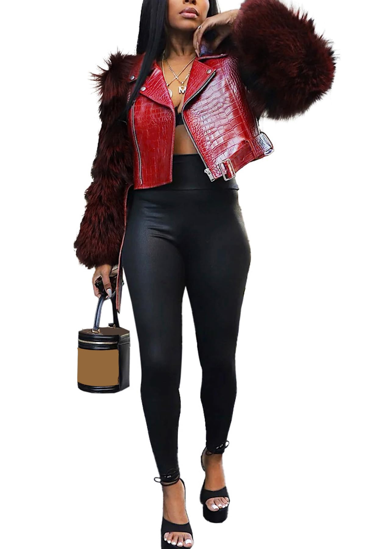 pnahip Faux Fur Leather Jackets for Women Lapel V Neck Long Sleeve Zipper Patchwork Crop Jacket Going Out Outerwear, Red, XL