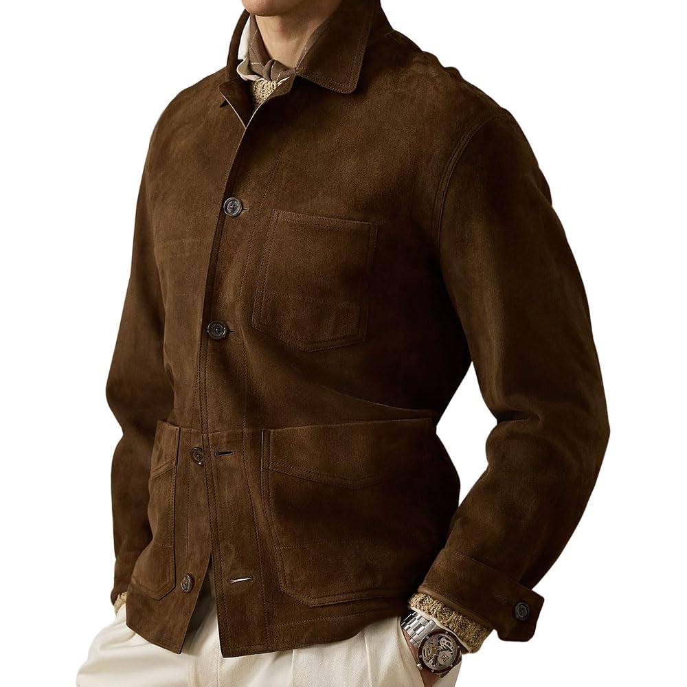 Suede Leather Jacket Men – Real Lambskin Suede Casual Leather Jackets For Men - Mens Suede Jacket (US, Alpha, Small, Regular, Regular, Brown)