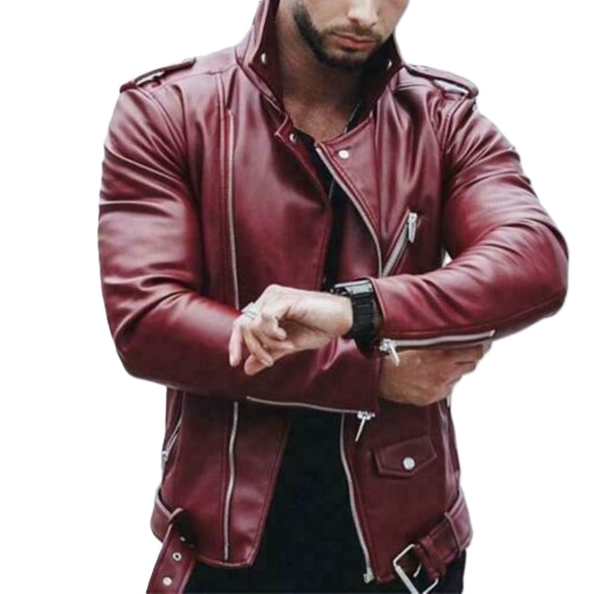 KOLAR CLUB Leather Jacket Men - Real Lambskin Cafe Racer Black Biker Style Casual Leather Jackets For Mens (US, Alpha, Small, Regular, Regular, Maroon)